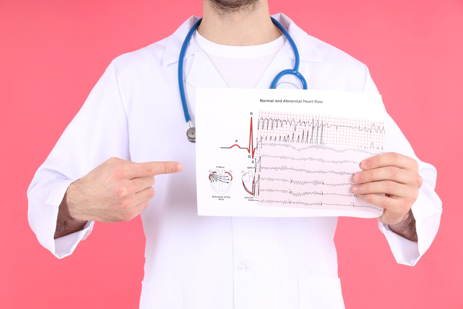 Doctor - intern with cardiogram on pink background Dr. Ramsey Joudeh, MD talking with the man